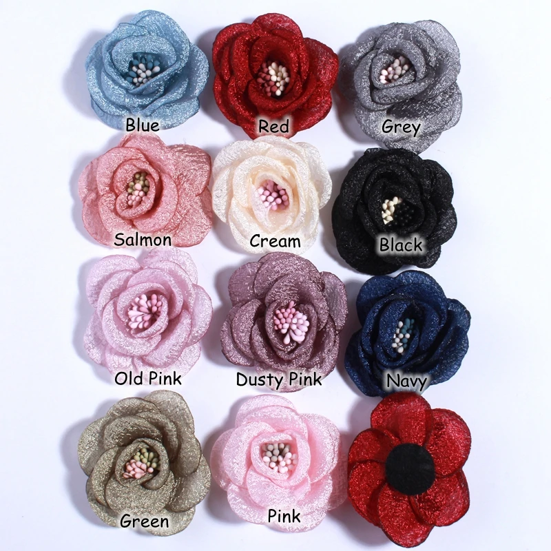 20PCS 5CM New Artificial Bling Burned Peony Flower For Hair Clips Sparkling Fabric Rose Flower With With Stamen U Pick Color