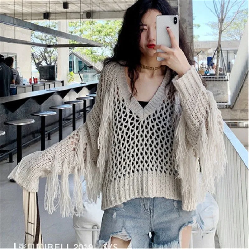 

Spring Fashion Women Sweater Crochet Cover Up Deep V Neck Hollow Out Knit Top Shirt Chic Tassel Loose Oversize Short Pullovers