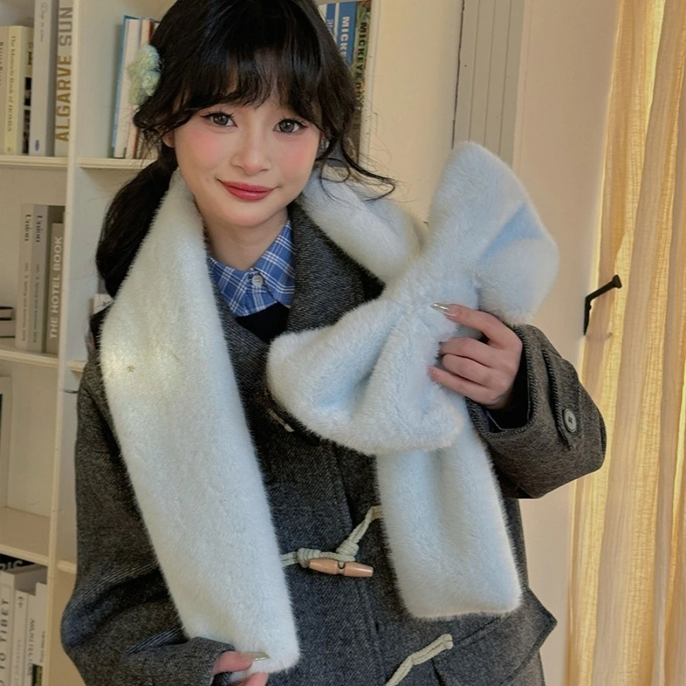Kawaii Winter Big Bow Hairy Scarf Homemade Japanese Girl Warm windproof Sweet Solid Color Versatile Thicken Wool Plush Scarf