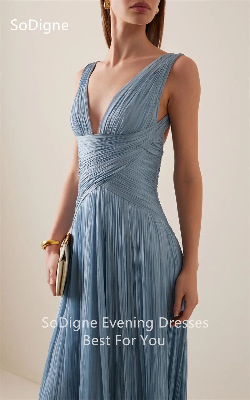 SoDigne A-Line Arabic Evening Dresses Spaghetti Strap Deep V-Neck Pleat Prom Dress Floor-Length Prom Party Gown 2025 Customized image 3