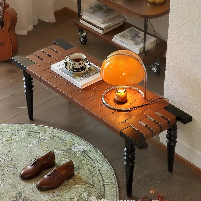 Solid Wood Change Shoes Stool Retro Weave Rectangular Low Stools Portable Movable Vanity Stools Home Multifunctional Stool