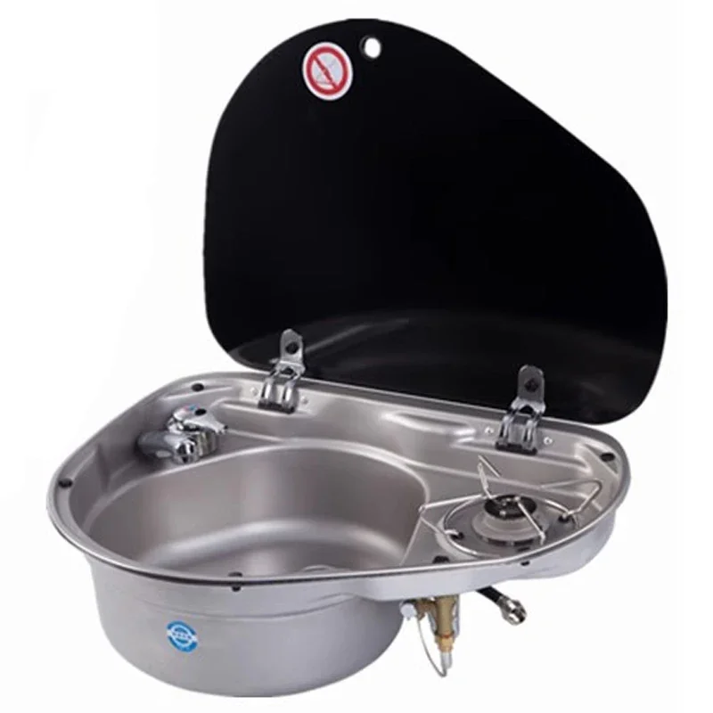 Stainless Steel 2-in-1 Water Tank Gas Stove for RVs and Yachts Gas Stove with Tempered Glass Cover and Water Basin