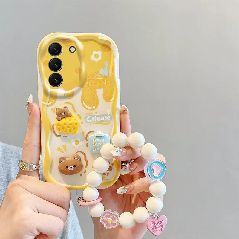 Curly Wave Edge Cream Rabbit Phone Case For Samsung Galaxy S20 S21 FE S22 S23 Plus Ultra 5G INS Flowers Wrist Strap Cover