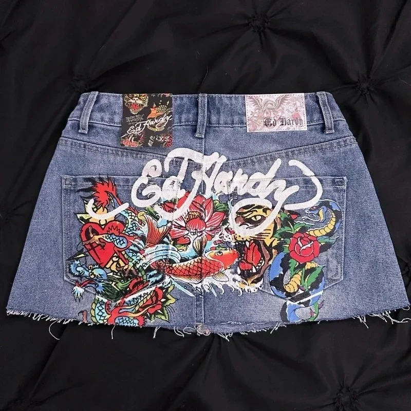 Harajuku Mini Skirt Girl Tiger Pattern Print vintage Blue Denim Skirt Y2K New Streetwear Women Goth High Waist Slim Hip Skirt