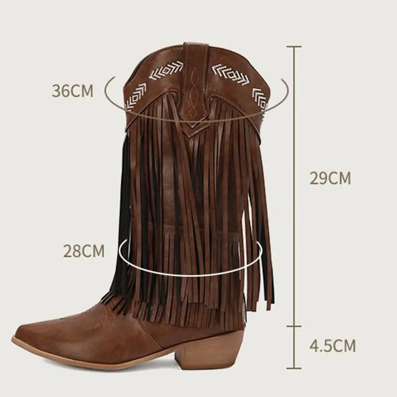 Girseaby Fringe Slip On Western Cowboy Bota Embroider Plus Size 46 47 48 Women Knee High Boots Pointed Toe Block Heels 4.5cm