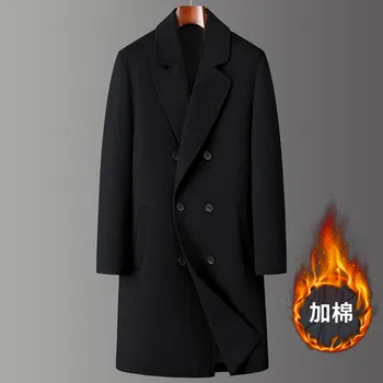 2024 Winter New Men's Medium to Long Woolen Coat with Thick Velvet and Warm Double breasted Casual Coat