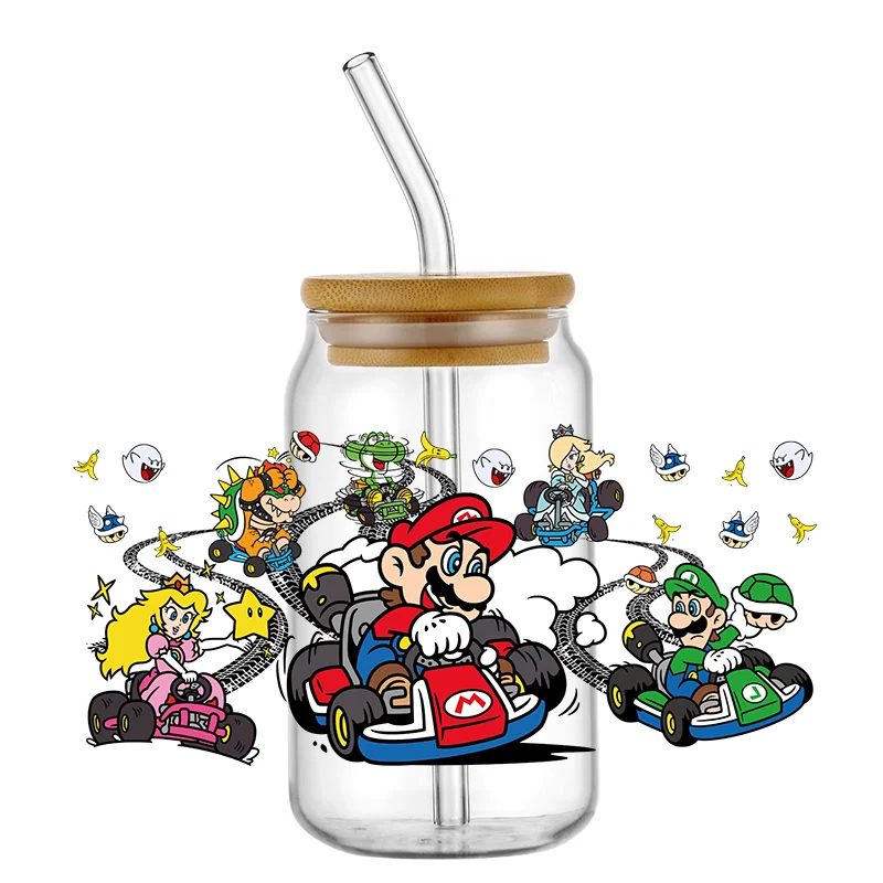 Miniso Super Mario Racing Pattern UV DTF Transfer Sticker Waterproof Transfers Decals For 16oz Glass Cup Wrap Stickers