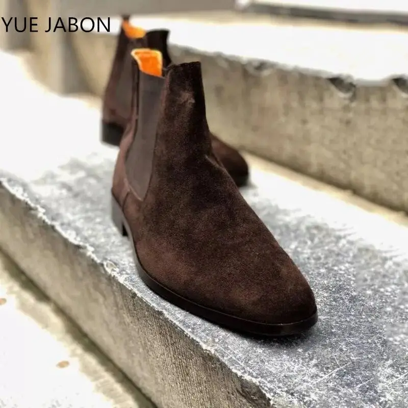 NEW Coffee Cow Suede Men Boots Comfortable Fashion With Heel 2023 Classic Slip-On Chelsea Boots Mid-Calf Rock Boots