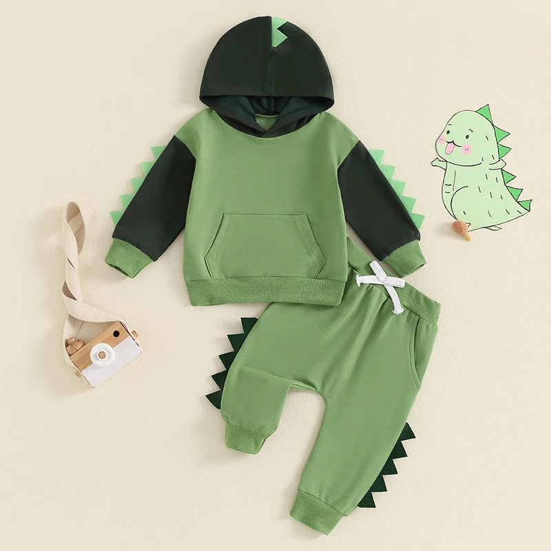 

1-4Y Toddler Kids Boy Dinosaur Outfits Contrast Color Long Sleeve Hoodie Sweatshirt Tops Elastic Waist Pants 2Piece Set Costume