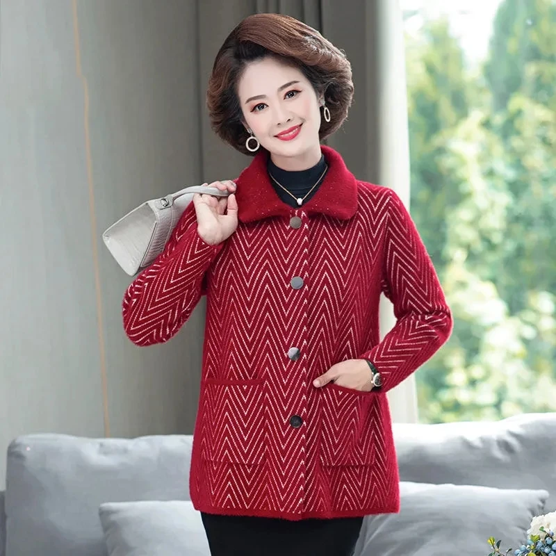 Mother Clothes Autumn Winter Imitation Mink Velvet Jacket Middle Aged Women Short Sweater Knitted Cardigan Coat Outwear4XL