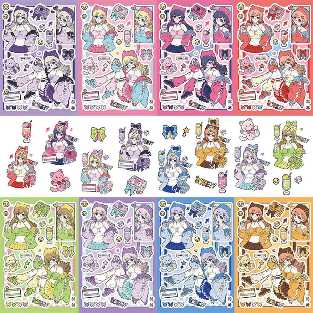 

8/16Sheets Cartoon Dopamine Girl Macaron Style Collage Sticker Creative Decoration Mobile Phone Case Notebook Water Cup Toys