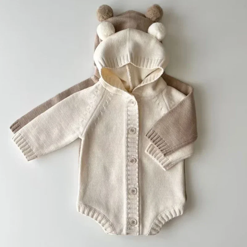 Ropa de invierno para bebés de 0 a 3 meses, mono triangular de punto de manga larga con oso de peluche para recién nacidos, mono cálido para hombres y mujeres