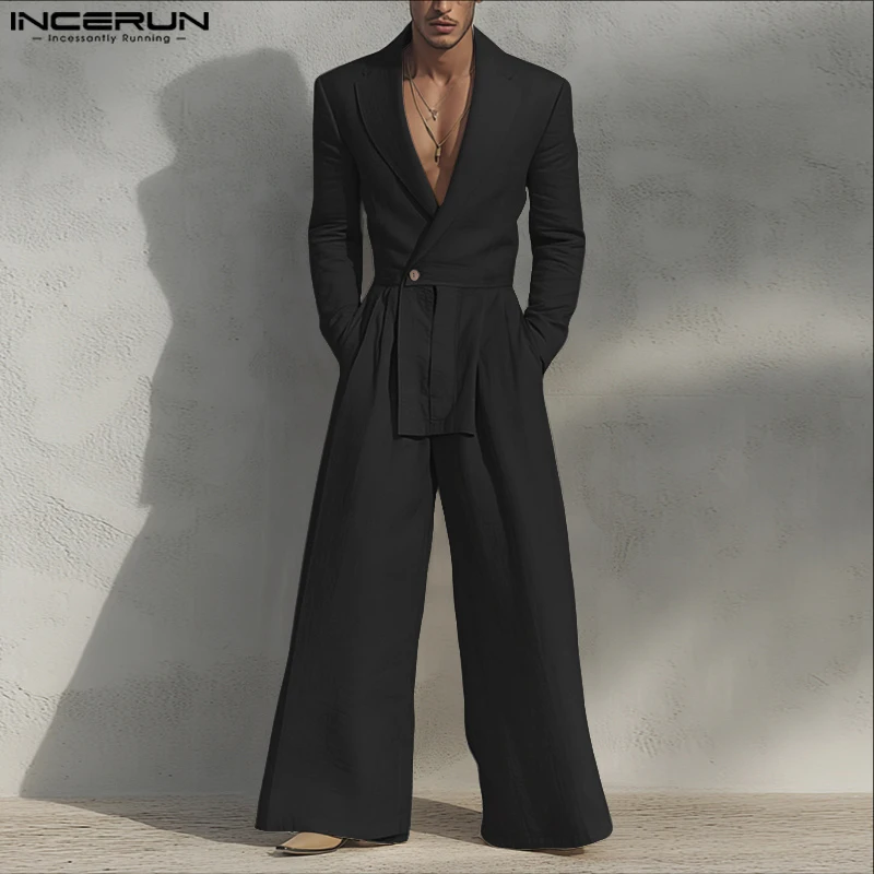 INCERUN Tute da uomo tinta unita risvolto manica lunga casual pagliaccetti maschili streetwear allentato 2025 elegante moda tuta da uomo S-5XL