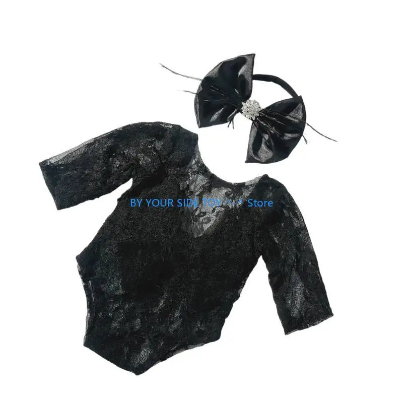 

Мягкий кружевной комбинезон и повязка на голову. Удобная одежда для уникальной фотографии новорожденных U6XE