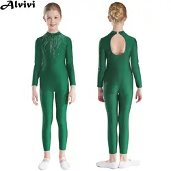 Kids Girls Shiny Rhinestones Gymnastics Jumpsuit Long Sleeve Ballet Dance Leotard for Figure Skating Acrobatics Yoga Performance