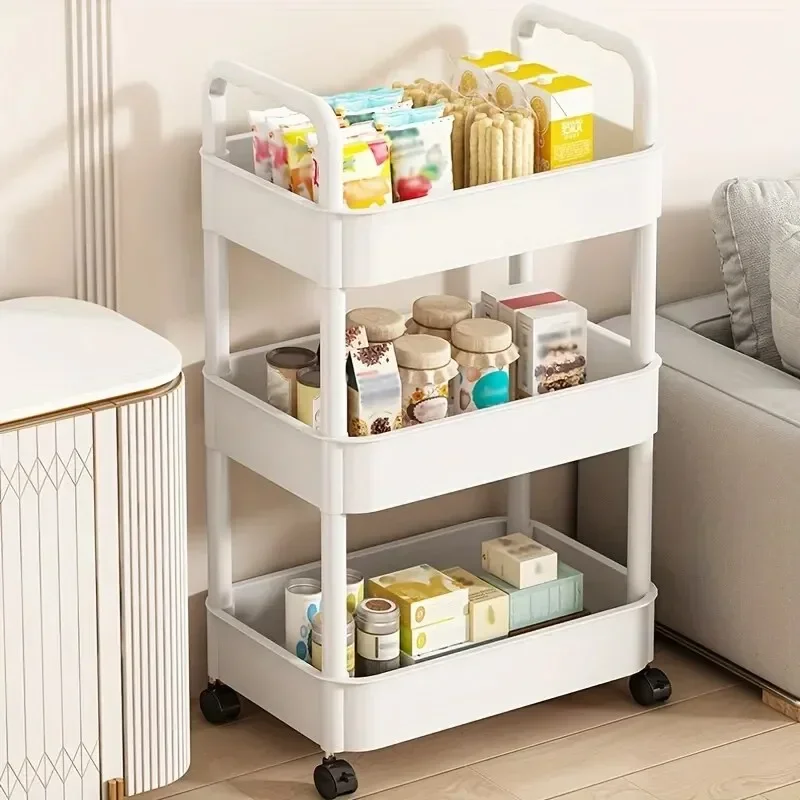 

1PC White 3 Tier Trolley, Double Armrests with Wheels, Bedside Storage Shelves for Bedroom & Bathroom Amenities