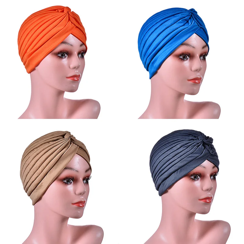 Women Print Turban Head Wrap Adjustable Swimming Cap Swim Pool Bathing Hat Protect Pleated Fabric Headwear Yoga Caps Multi Color