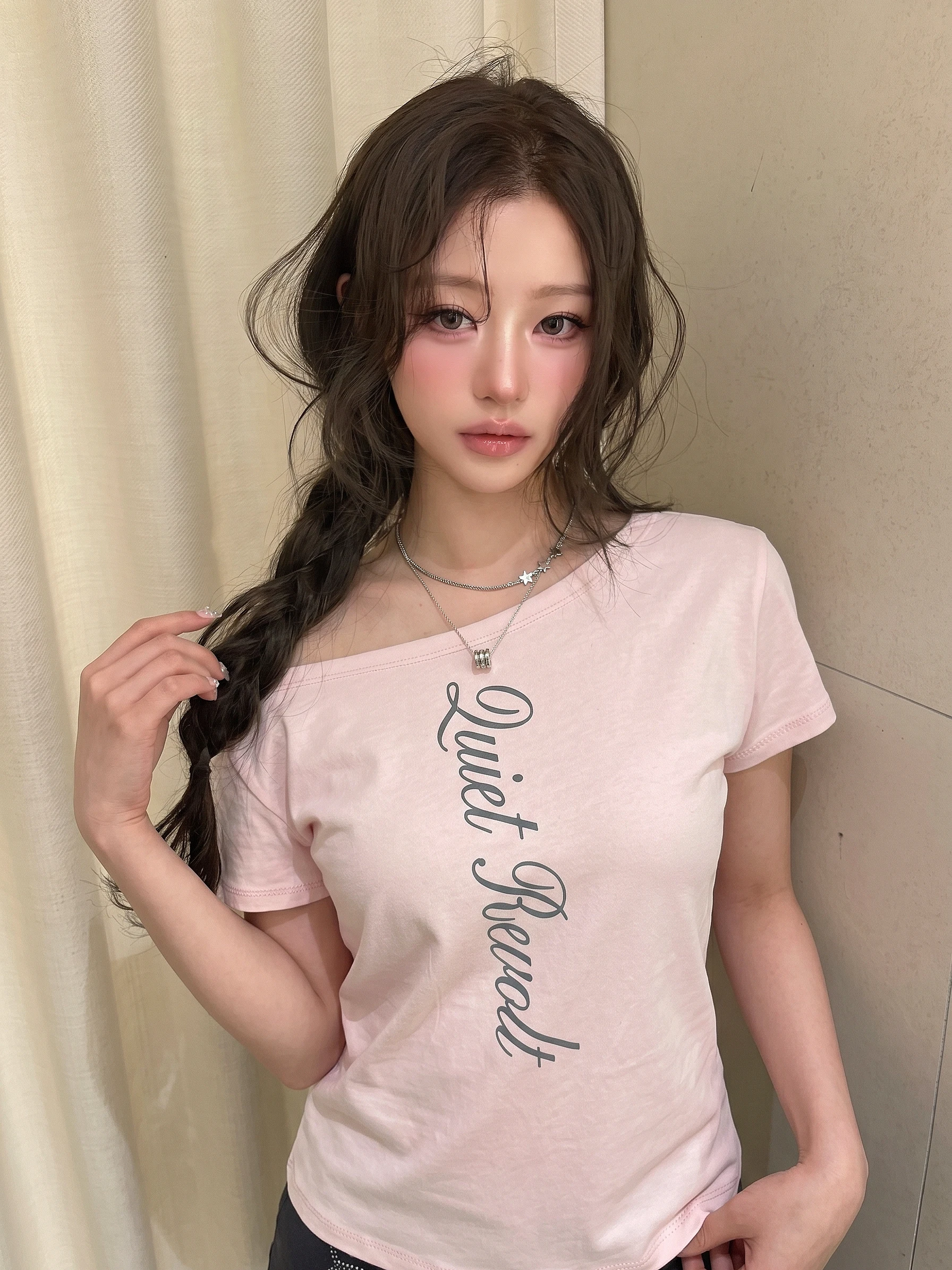 REOY Korean Style Shoulder Bared Letter Print Slim Fit Short Sleeve T Shirt Women's Soft Comfortable Breathable Sweat Absorbent
