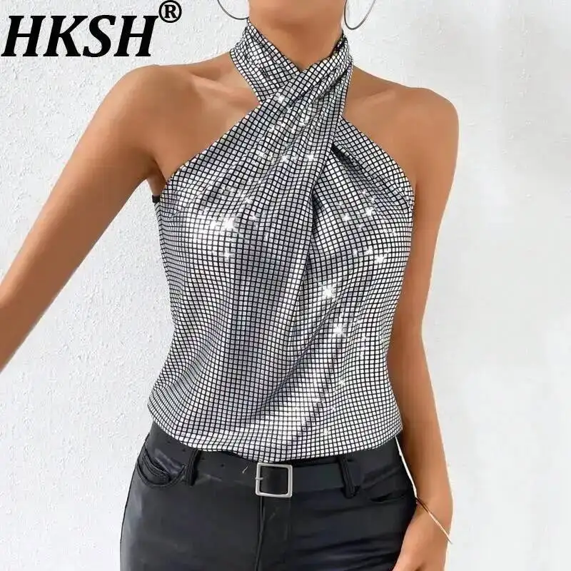 

HKSH Women Sexy Vest Halter Neck Sleeveles Cross Folds Slim Fit Versatile Elegant High-end Fashion Dance Tank Top Summer HK23373