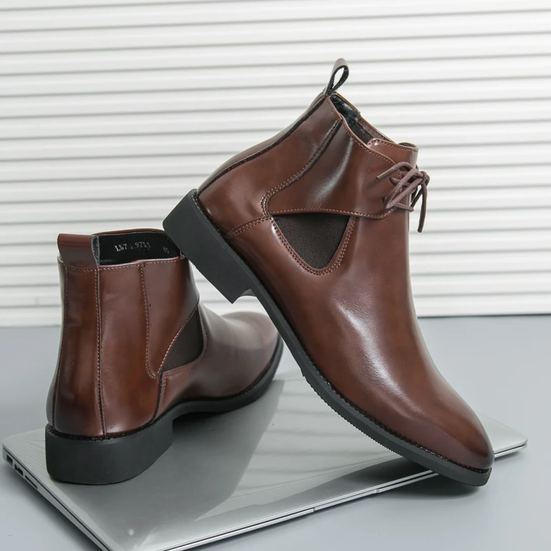 

Men Pointed Chelsea Boots Fashion Vintage Chunky Leather Ankle Boots for Man Autumn Winter Casual Business Dress High Top Shoes