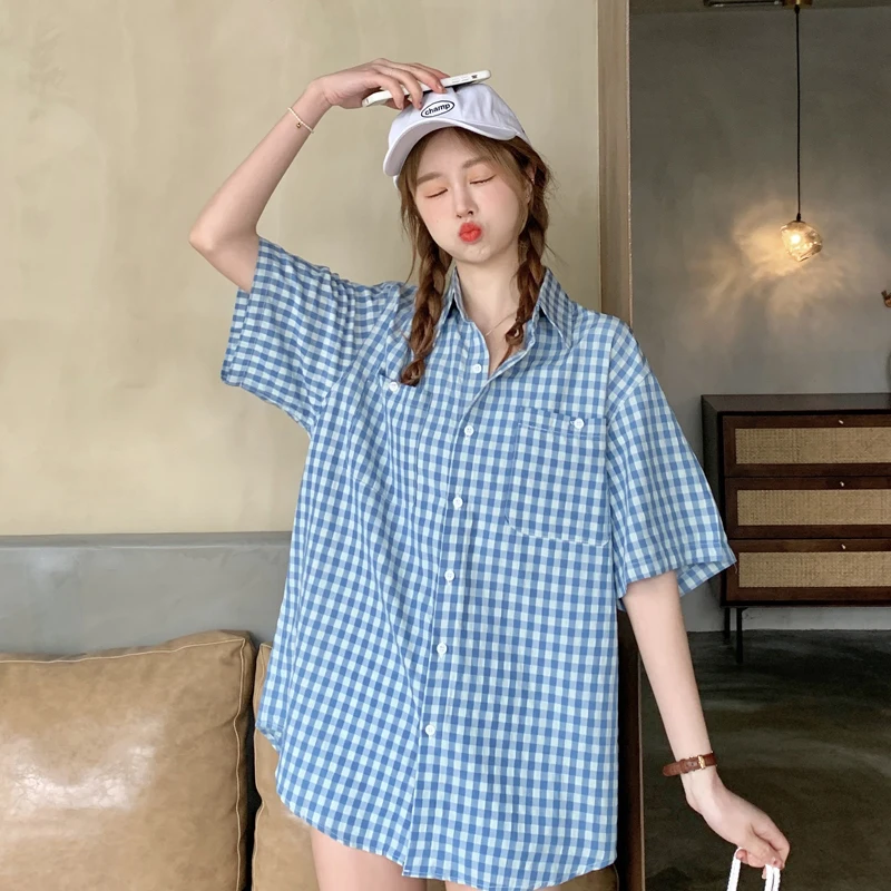 Plaid Shirts Women Pockets Cute Chic All-match Comfortable Baggy Summer Youthful Fashion Vintage Japanese Style Schoolgirls New