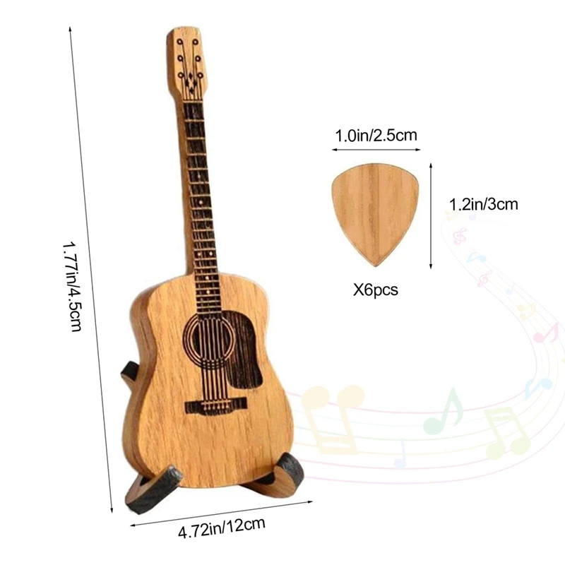 Wooden Guitar Pick Box With Stand - 6PCS Unique Guitar Picks,Mini Storage Box For Guitarists,Musician Engraved