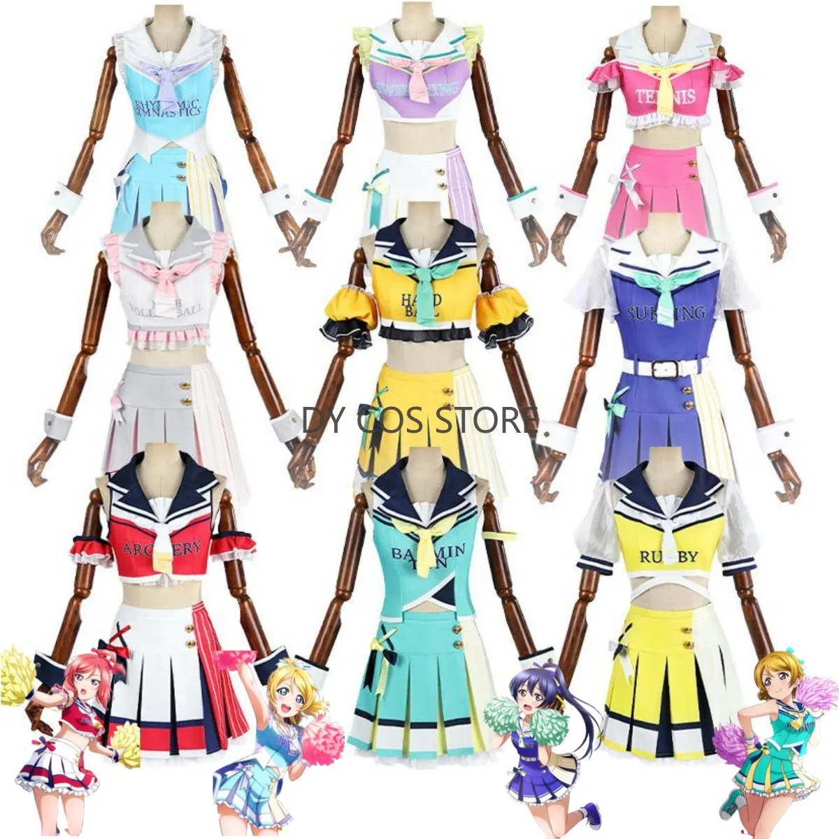

Lovelive Kotori Minami Nozomi Tojo Nico Yazawa Sonoda Umi Maki Nishikino Cosplay Costume October Sports 9 Style Cheerleaders Set