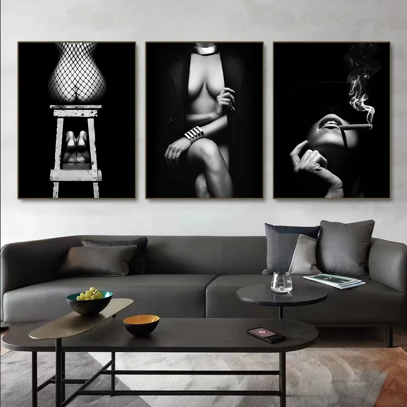 Fashion Black And White Sexy Woman HD Photography Poster Canvas Paintings Wall Art Pictures for Living Room Home Decor Frameless