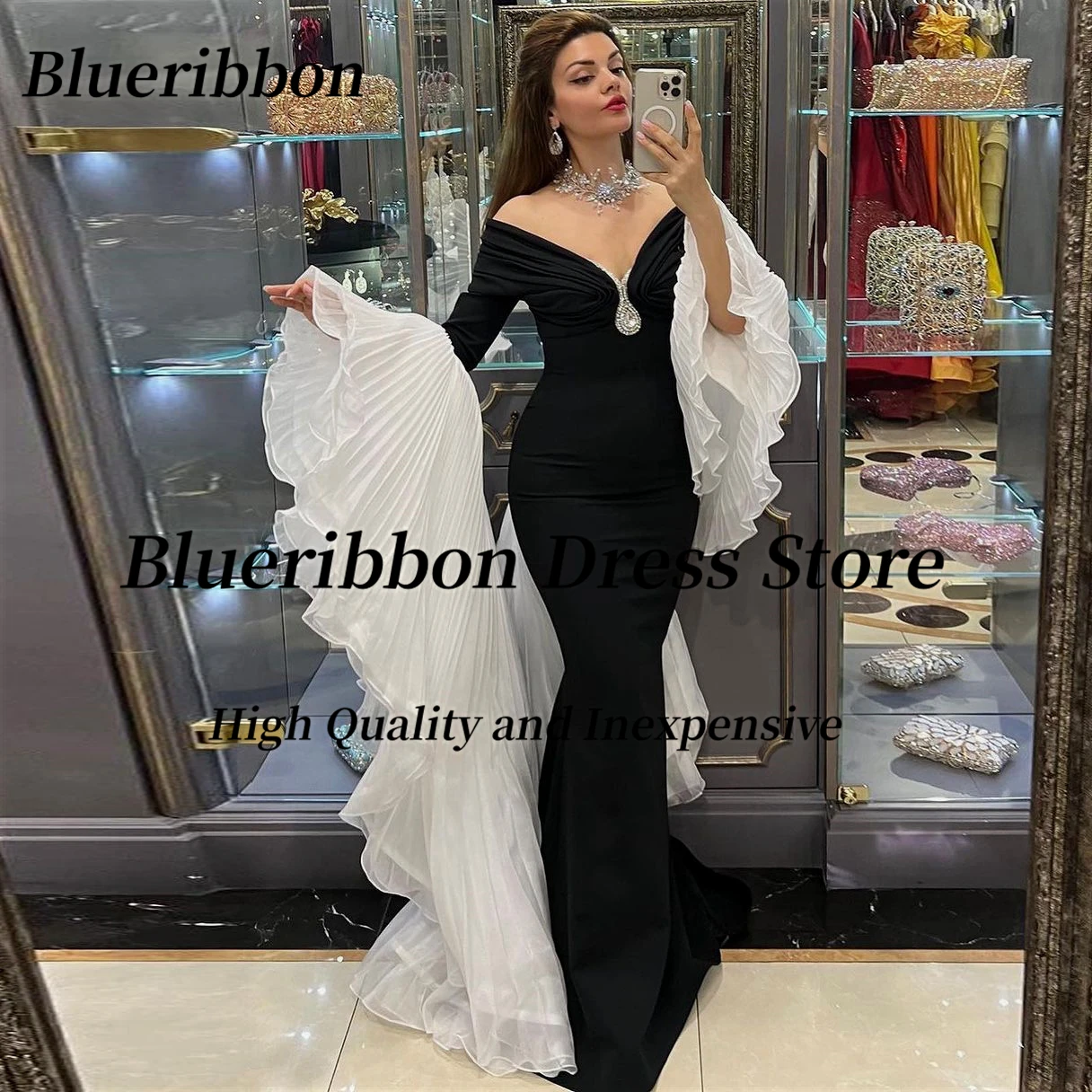 Blueribbon Saudi Arabia Dubai Party Prom Dresses Black Mermaid Evening Dress Pleats Long Sleeves Formal Occasion Gowns