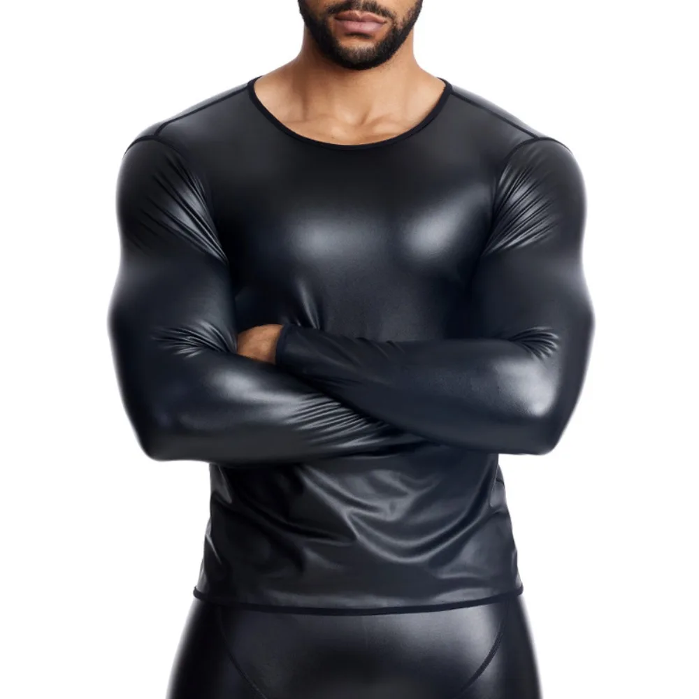 

Панк-байкерская верхняя одежда из искусственной кожи с длинными рукавами для подростков, молодежная мужская облегающая кожаная рубашка с круглым вырезом, куртка