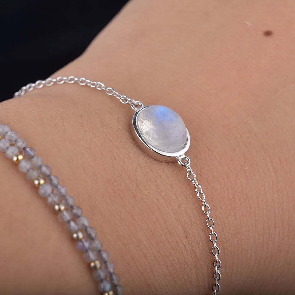 ITSMOS-S925 Sterling Silver Moonstone Bracelet para Mulheres, Luz Azul Forte, Pedra Natural, Charme Bracelet para Menina, Prevenir Presente Simples