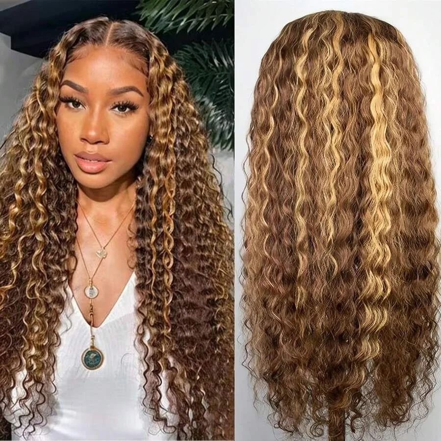 

13×4 Highlight Lace Front Wigs Human Hair Ombre Deep Wave Transparent 220Density Honey Blond Pre Plucked Lace Frontal Wig 4/27