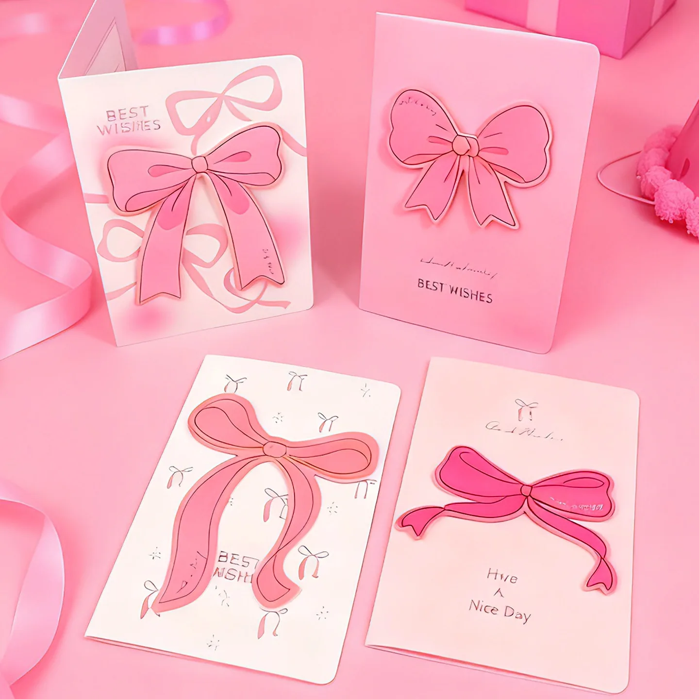 

1/4Pcs Pink Bow Greeting Card Set with Envelope Gold-Embossed Folded Card Birthday Wishes Card Beautiful Blessing Card