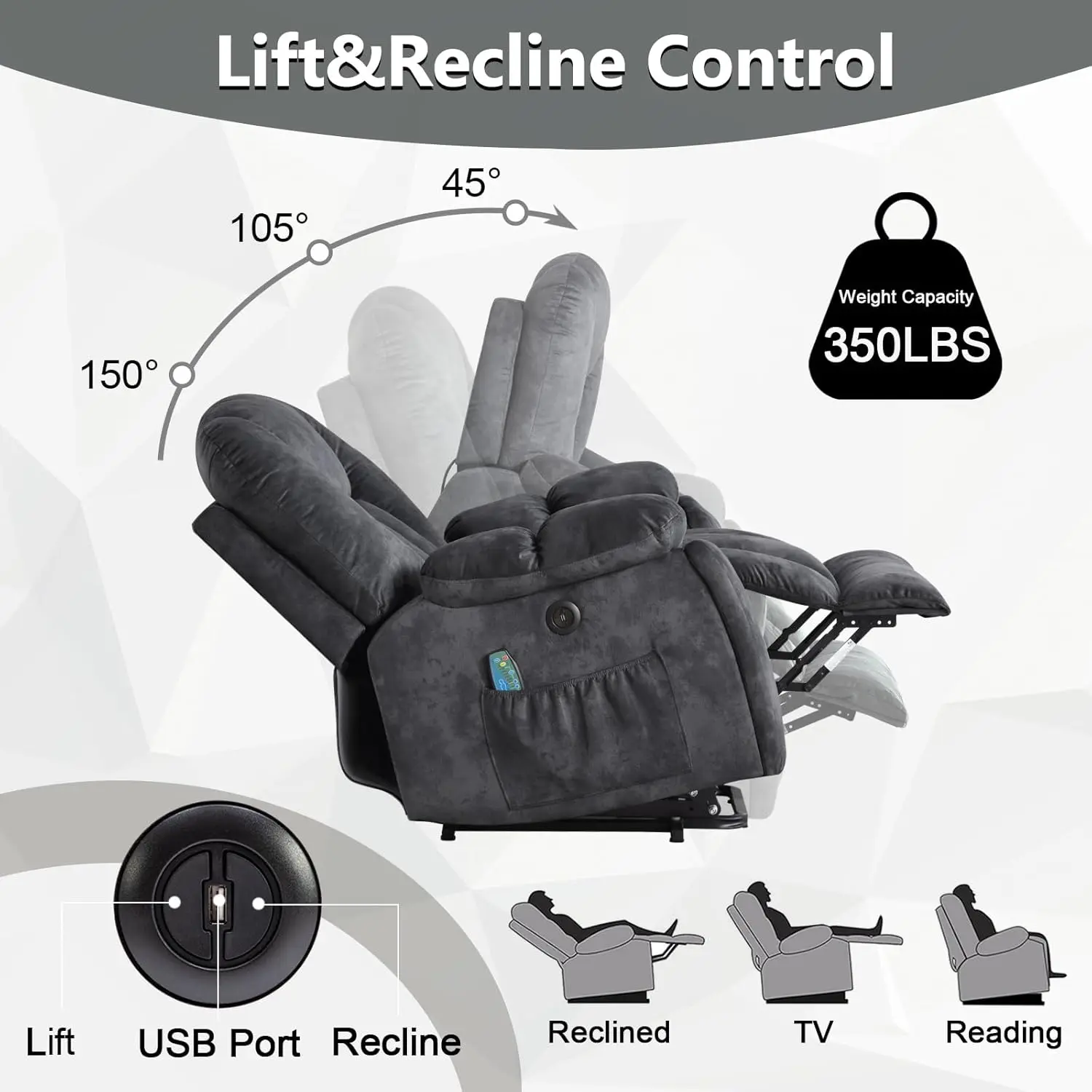 Grande fauteuil inclinable Power Lift avec massage, chaleur et USB pour personnes âgées, larges fauteuils inclinables rembourrés, robustes et de sécurité