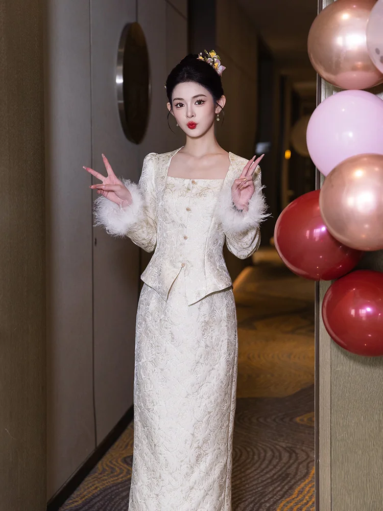 

New Chinese Sle Long Sve Wedding Dr Set Champagne Color Engagement Ceremony Brideom Farewell Banquet Gown