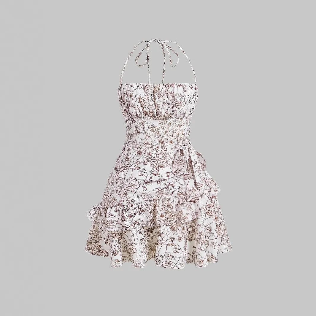 

Summer Floral Print Halter Neck Dress Women Fashion Flower Leace-up Double Hem Mini Dresses Sexy Lady Short Vestidos 2026 New