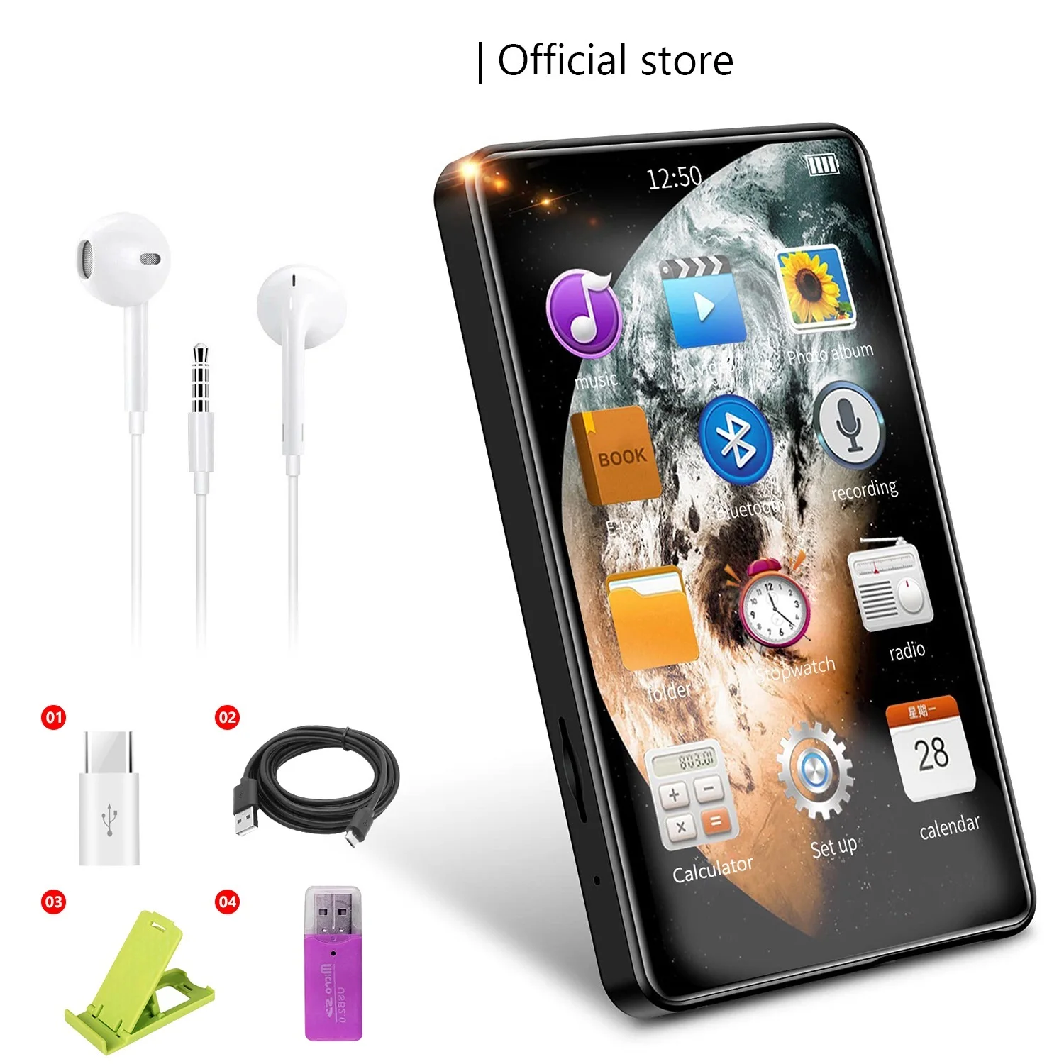 Top! 4 Inch HD Mp3 Mp4 Player Full Touchscreen Bluetooth 5.0 Walkman 16GB Built-in Speaker Music Player FM Radio Record Ebook