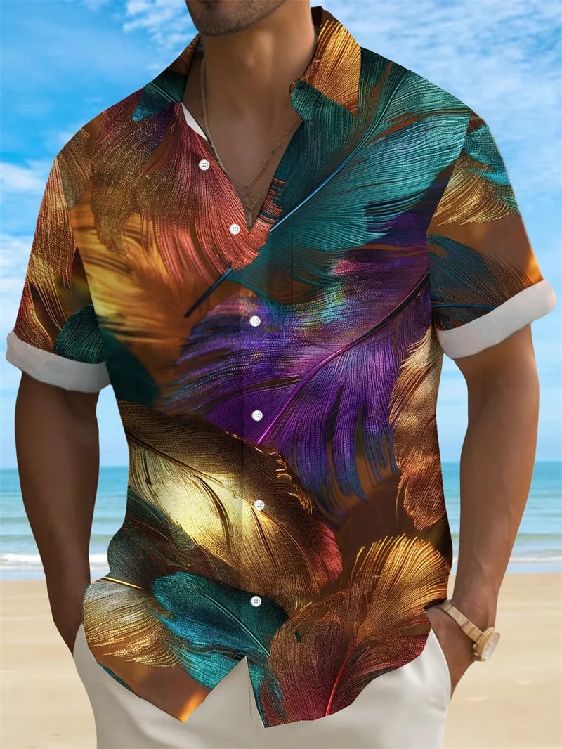 Camisa masculina de verão com estampa 3D de penas coloridas manga curta camisa havaiana com botões sem bolsos camisas para mulheres