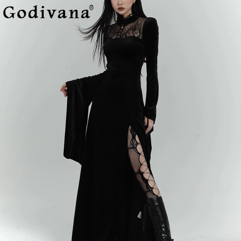 

Halloween Cosplay Costume Dress Gothic Style Women's Full Sleeve Black Velvet Dress Stand Collar Slimming Cos Midi Dress