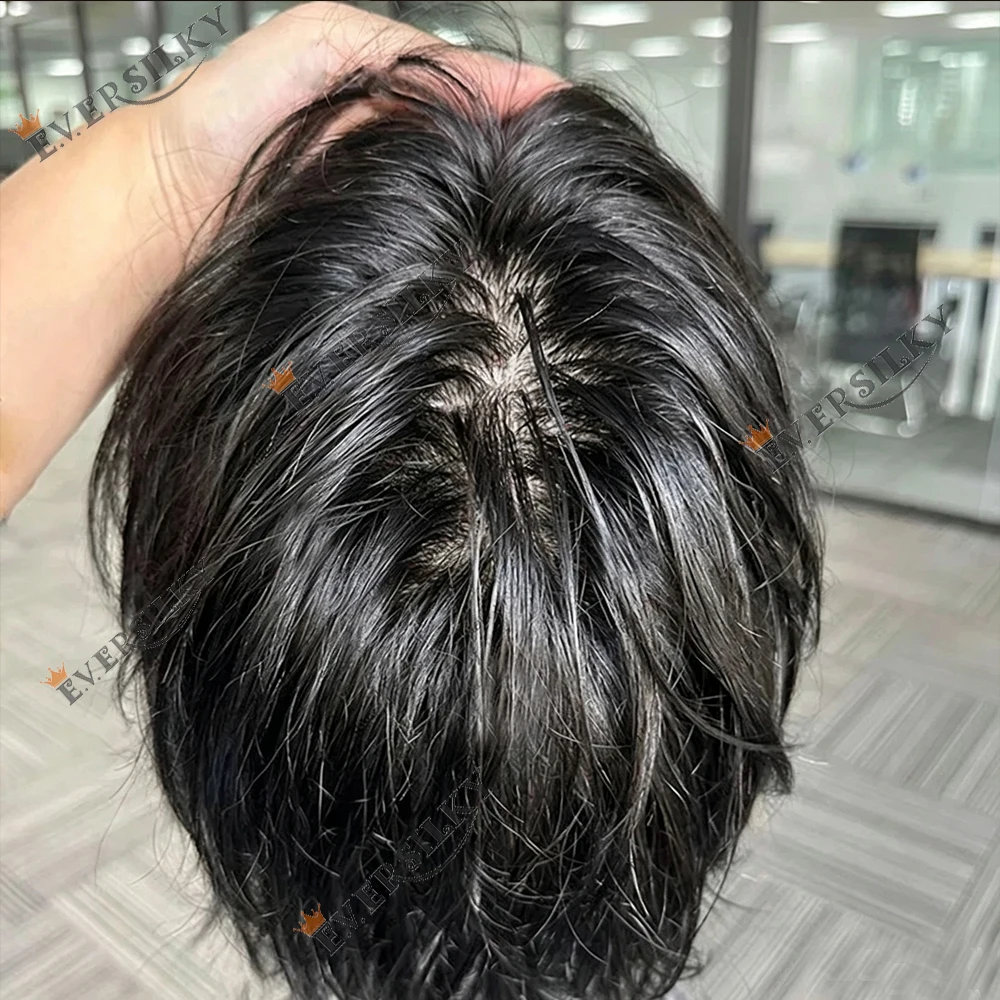 Seiden-Top mit Spitzenbasis, Herren-Toupet aus Echthaar, schwarzes glattes/welliges Haar, Herrenperücken, Haarsystem-Ersatz, Haarteil – Detail 1
