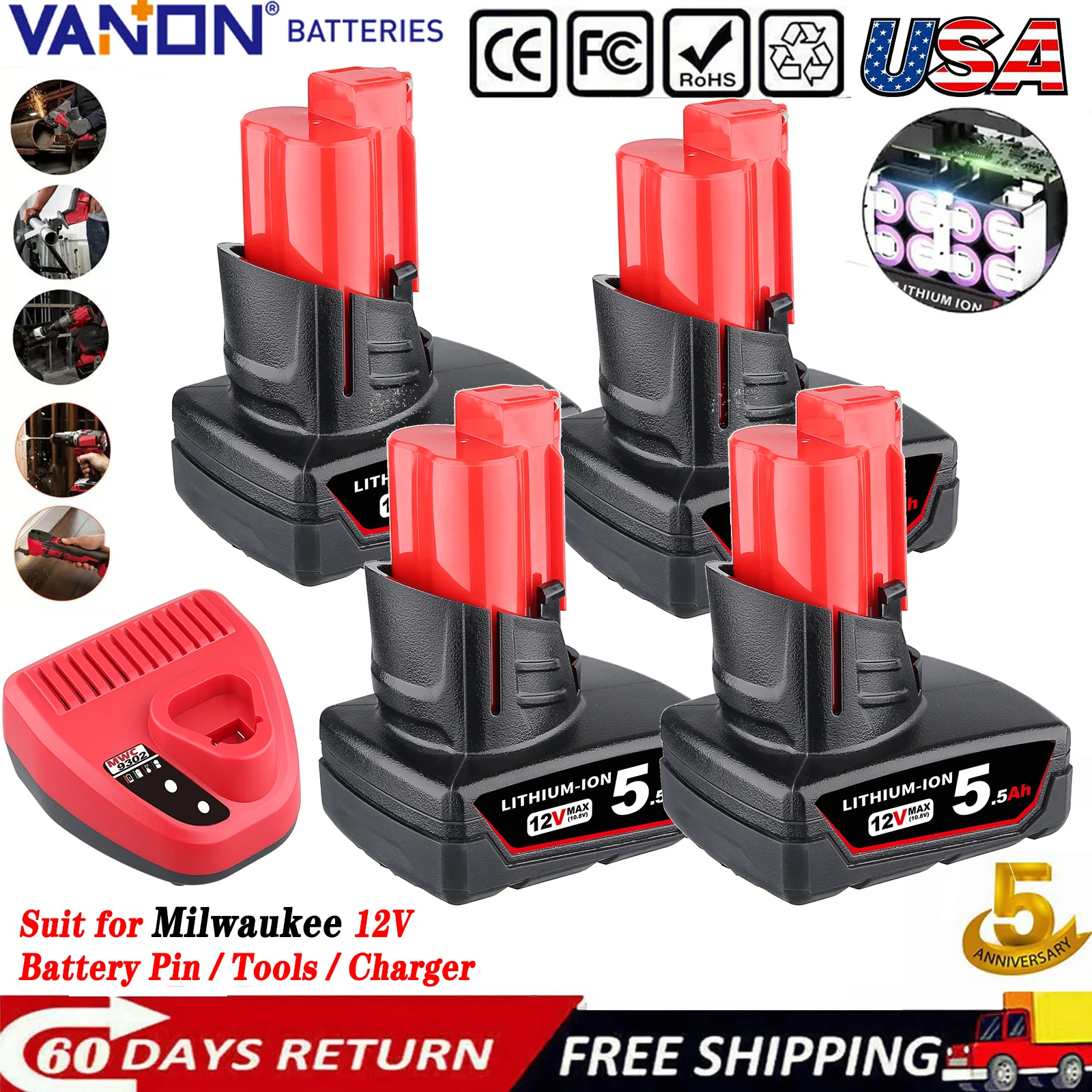 

VANON 1/2/4Pcs 5.5Ah M12 Replace for Milwaukee 12V 48-11-2412 48-11-2450 Battery Pin Suit for Power Tool with 12V 2A N12 Charger