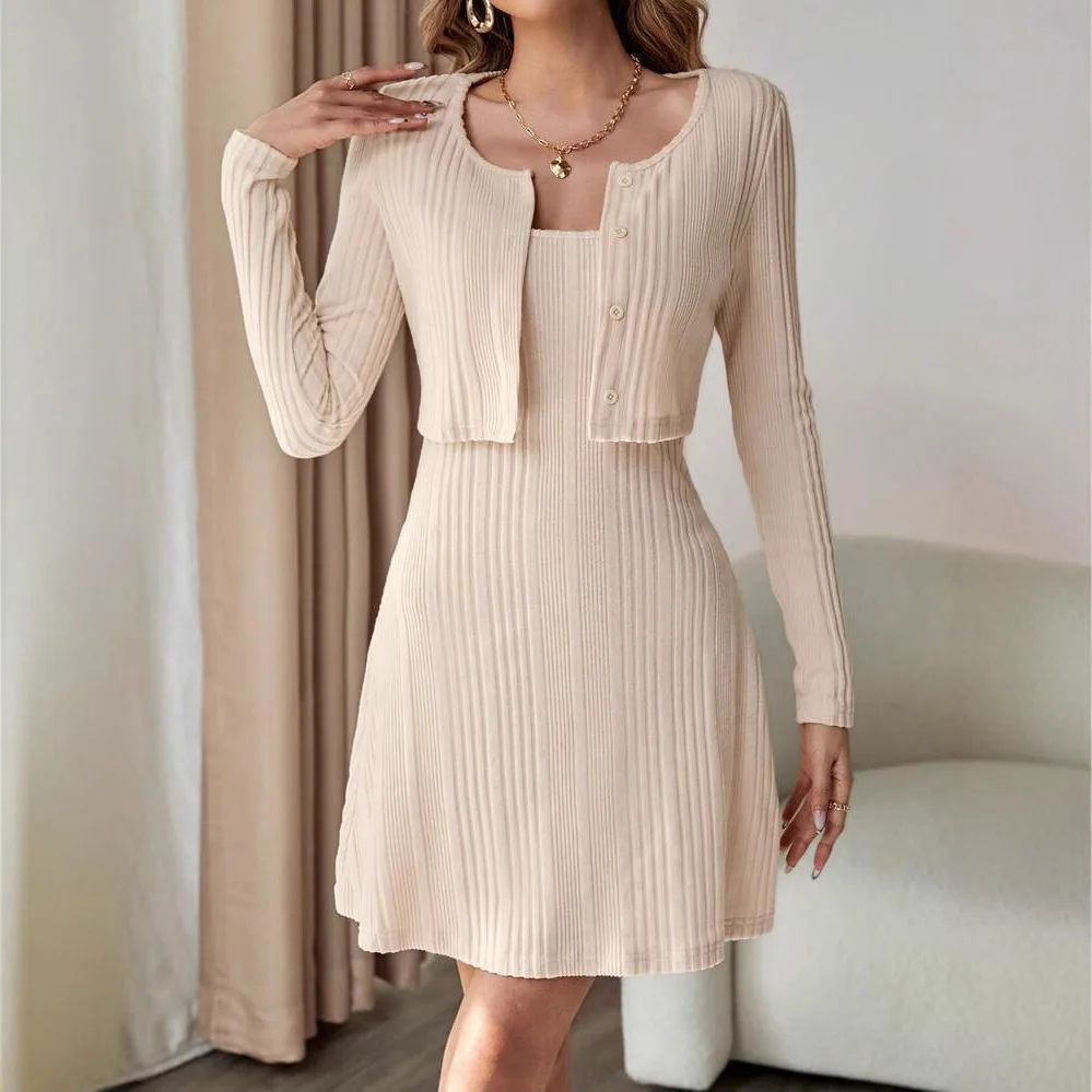 

Spring Autumn Women Mini Dresses Set Cropped Knitted Cardigan And A-line Camisole Dress Casual Slim Two Piece Set Bodycon Dress