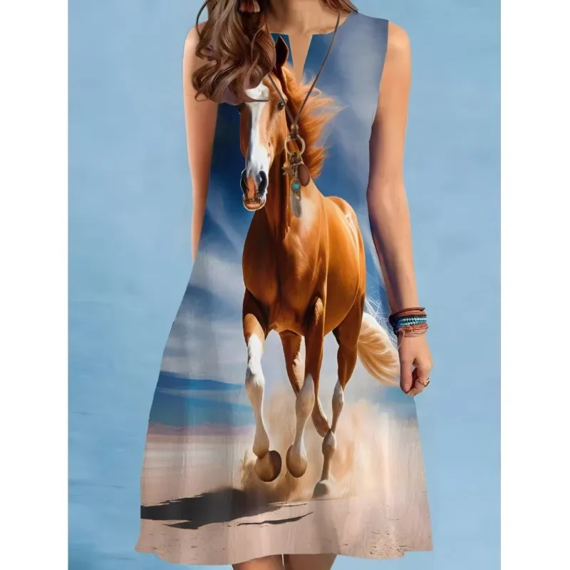 

Fashion 3D Horse Print Womens Dress Sexy Sleeveless V-neck Tank A-line Dress Summer New Loose Mini Dress Women Sundress Vestidos