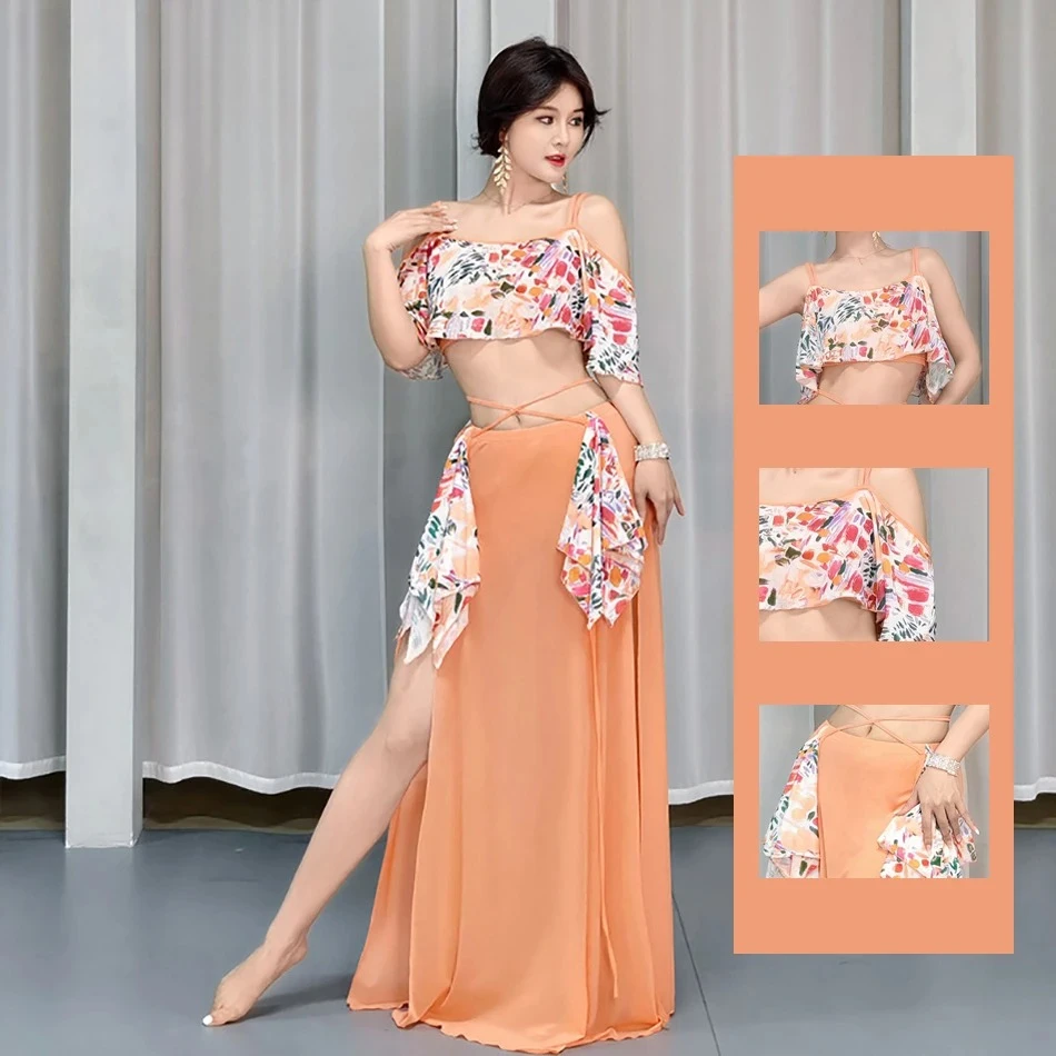 Adult Women Stage Performance Worksuit Practice Clothes Performance 2 Pcs Set Top and Skirt Belly Dance Costume Dress Suit