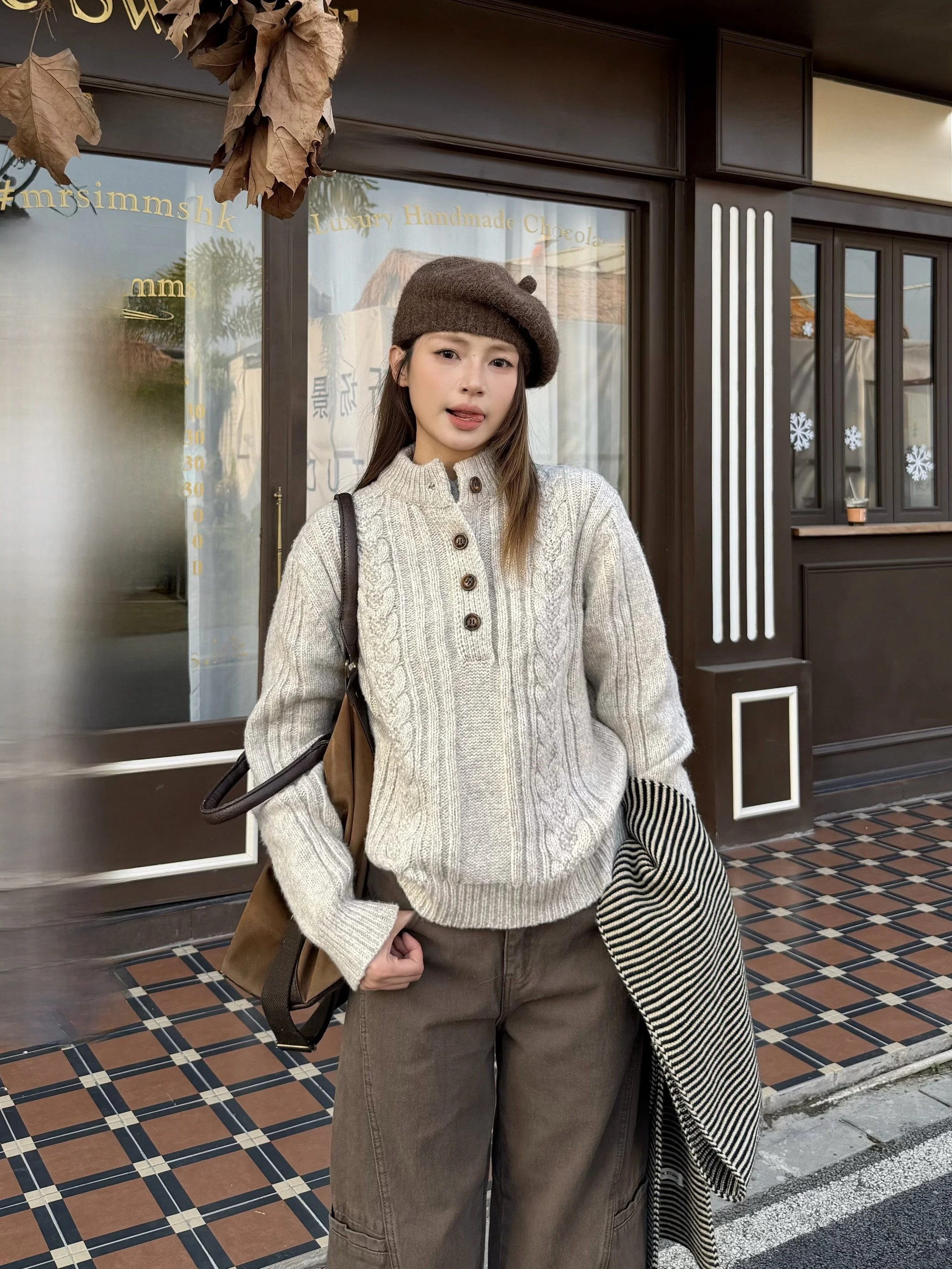 

Женский вязаный свитер XFX в американском ретро-стиле с воротником Хенли, повседневный, осенне-зимний, простой, надеваемый через голову