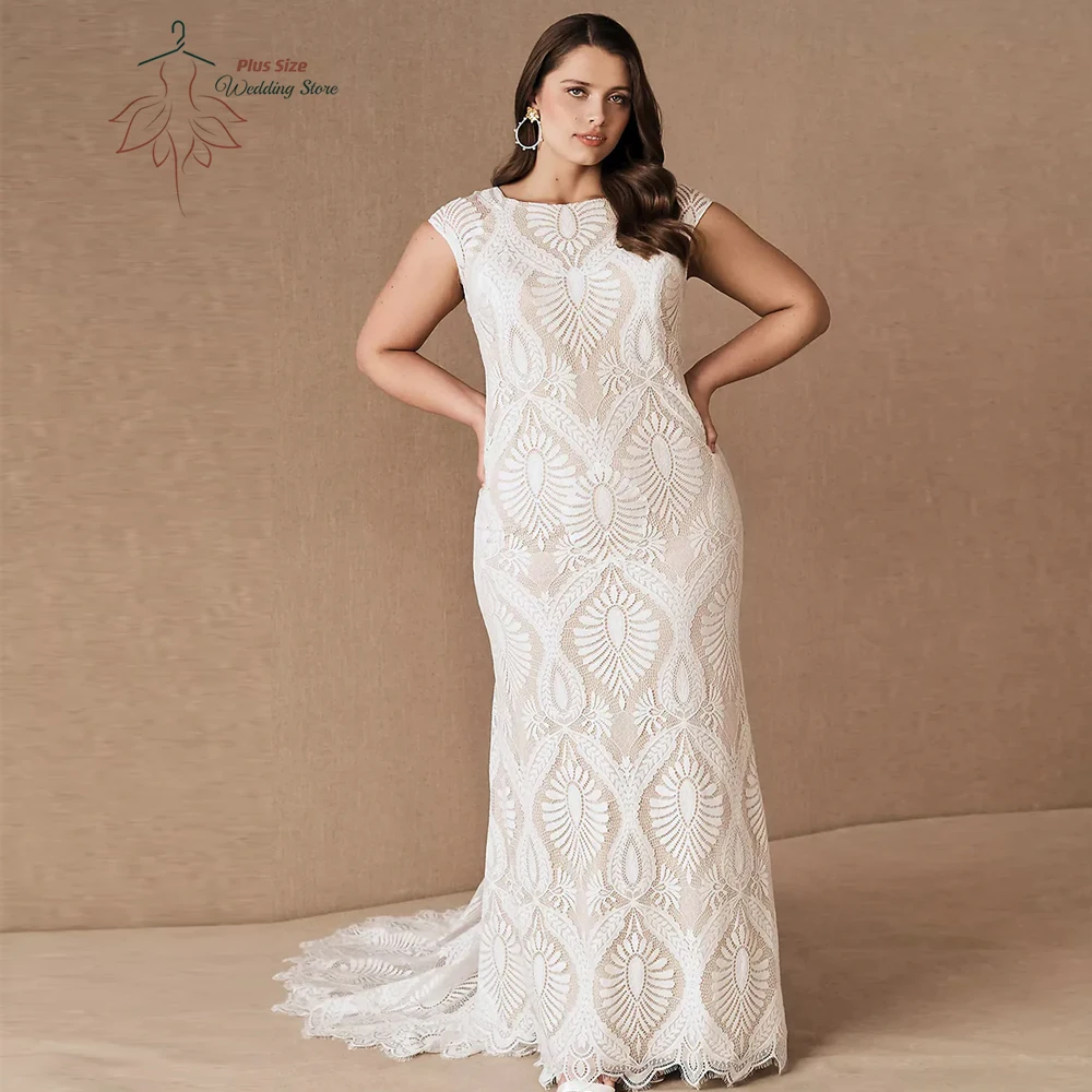 Elegant Lace Wedding Dresses Plus Size Jewel Neck Cap Sleeves Bride Gowns Backless Sweep Train Mermaid Robe De Mariee 2024