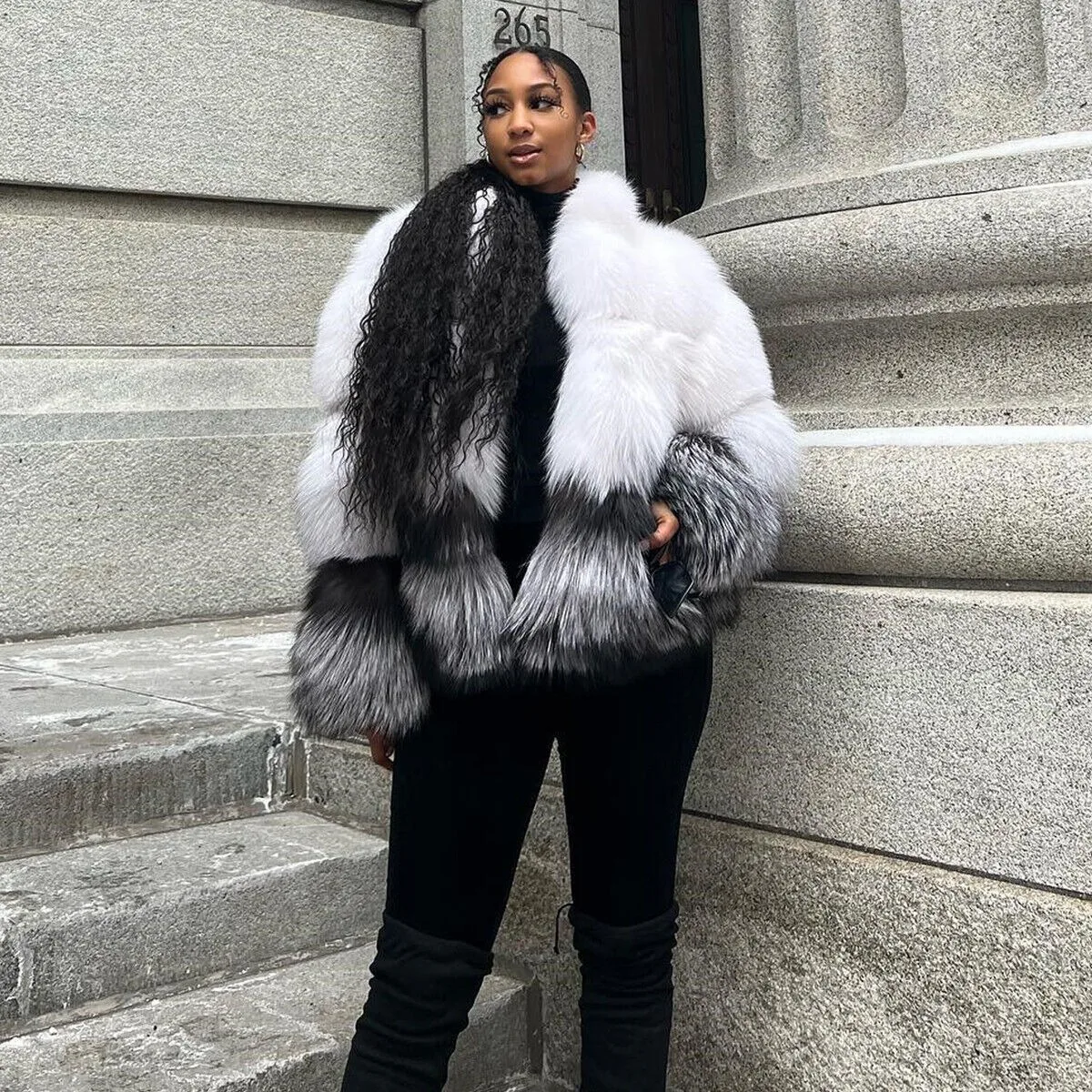 Winter Fashion Fluffy Genuine Fox Fur Coat with Silver Fox Trim Womens Elegant Natural Fox Fur Thick Overcoat Warm Real Fur Coat