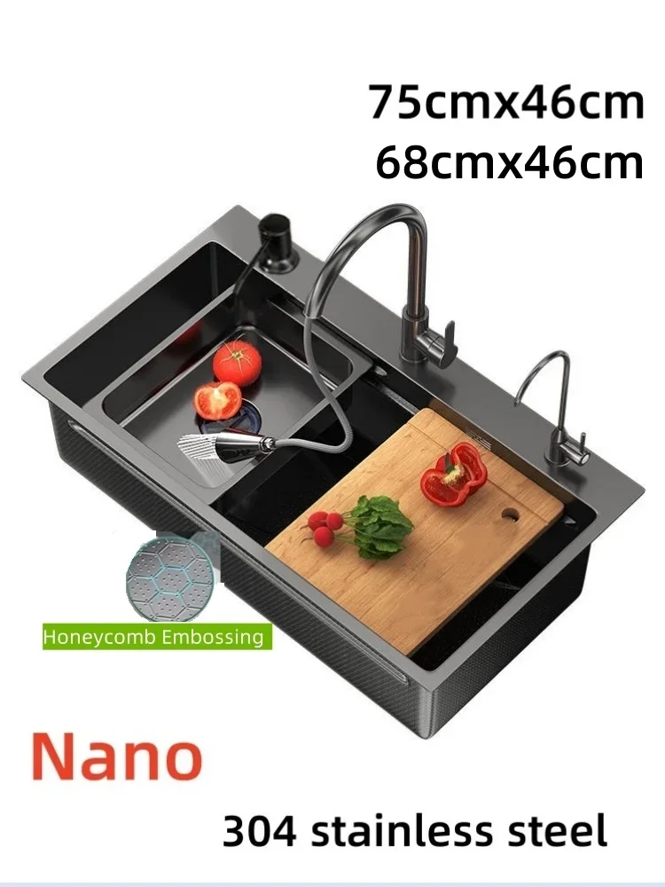 Fregadero de cocina en relieve de panal de acero inoxidable 304, pistola Nano gris, cocina doméstica, fregadero de lavado de verduras de una sola