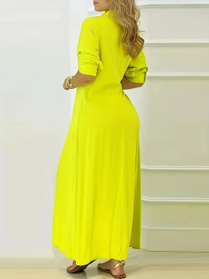 الخريف فساتين طويلة أنيقة امرأة مزاجه موضة جديدة عادية بلون التلبيب كم طويل قميص زر سلم للنساء