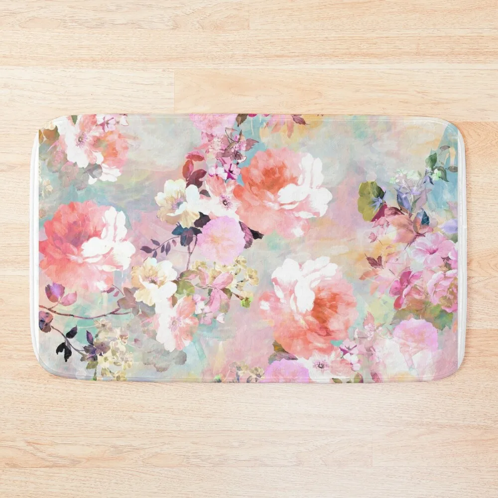 

Romantic Pink Teal Watercolor Chic Floral Pattern Bath Mat Kitchen Bathroom And Shower Products Mat